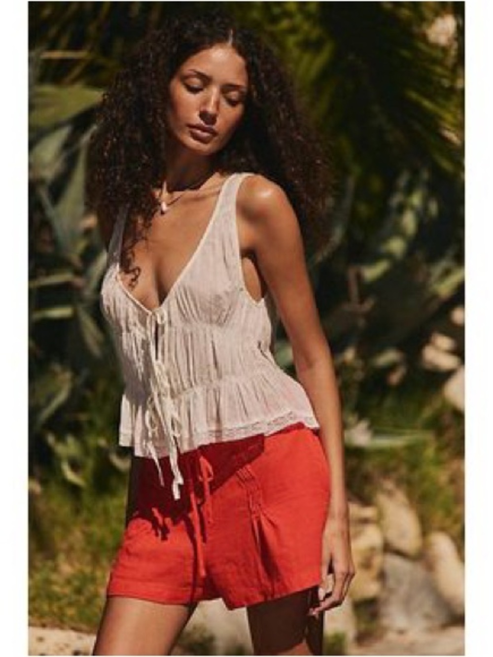 Free People free-est Women's Red Drawstring Linen-Blend Shorts